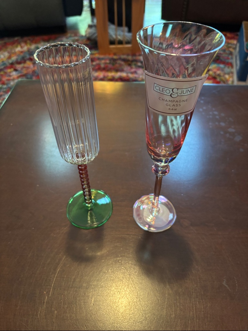 2 New Mismatched Champagne Flutes - 1 Pink Iridescent & 1 Red & Green Stem NWT
